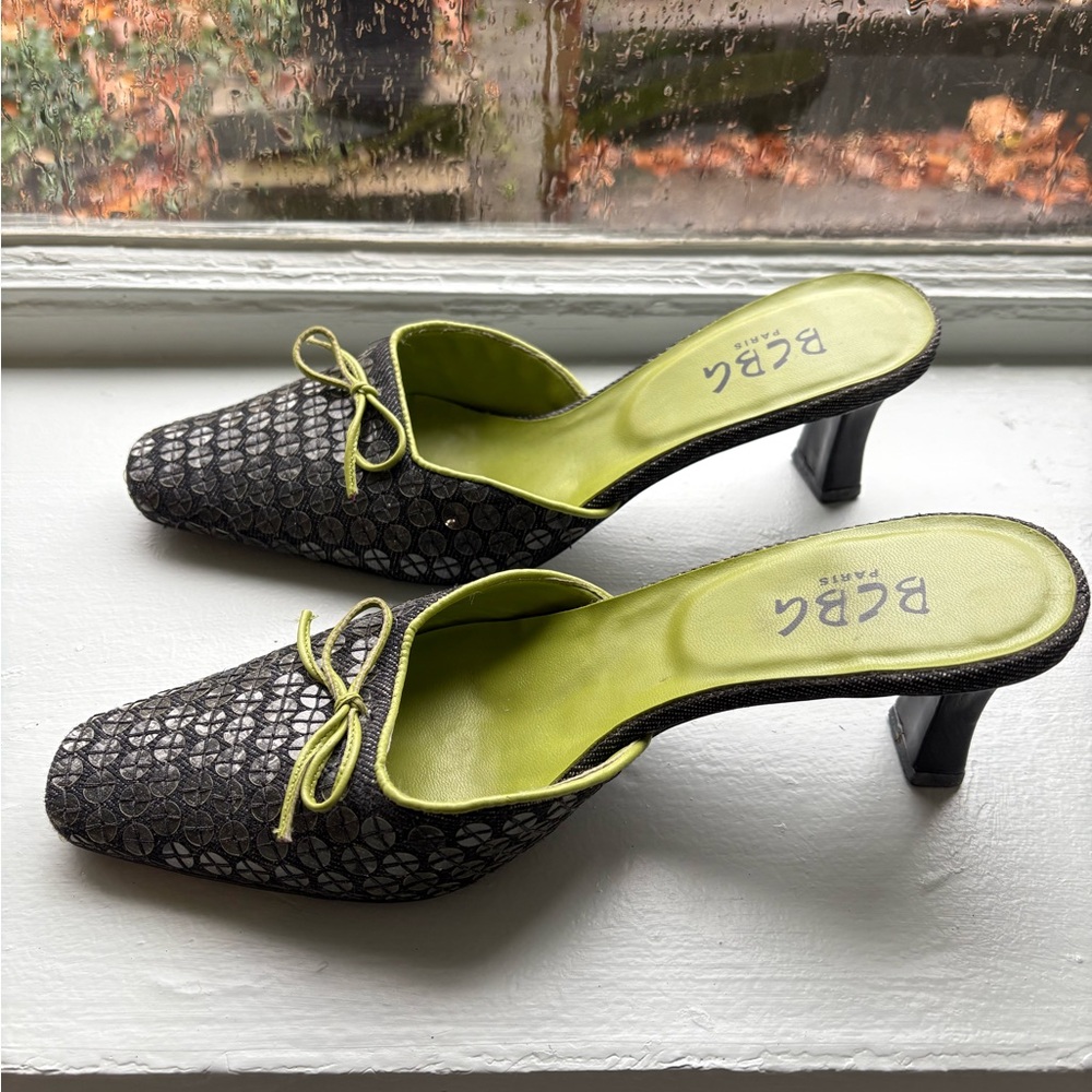 BCBG Paris Black Denim and Sequin Mule with Green interior size 6 1/2 B